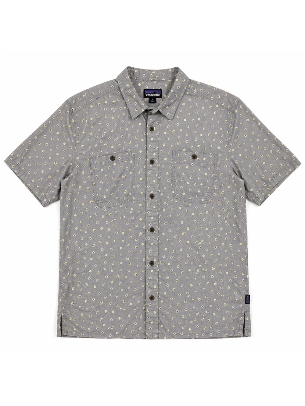 Patagonia Back Step Shirt M Gray Floral Short Sleeve Button Front Organic